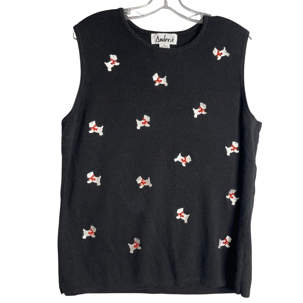 Ambra Embroidered Dog Sweater Vest Womens 1X Black‎ Scottie Holiday Sleeveless